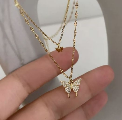 Picture of Women Double Layer Pendant Clavicle Chain Silver Butterfly Necklace Chain  Adjustable