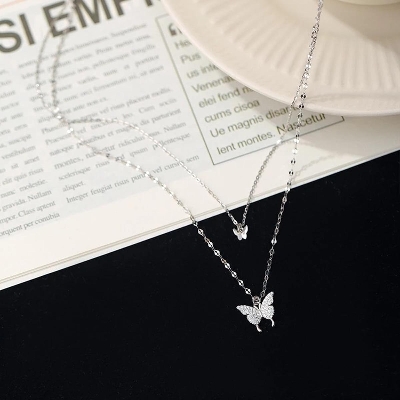 Picture of Women Double Layer Pendant Clavicle Chain Silver Butterfly Necklace Chain  Adjustable