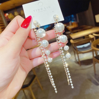 Picture of Big Pearl Dangle Earrings For Women White Adjustable