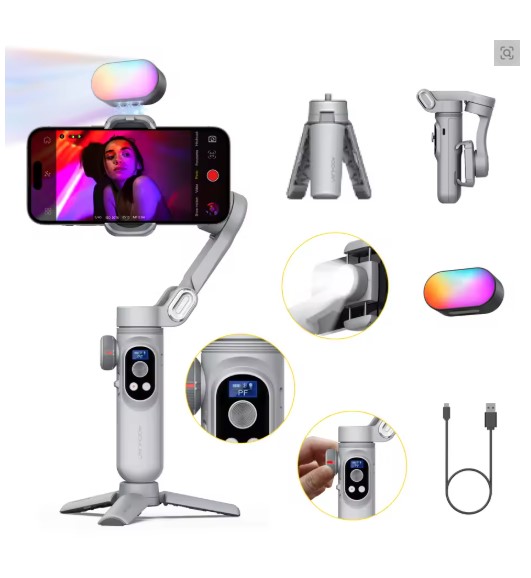 Picture of Smart X Pro 3-Axis Smart Gimbal Stabilizer Set With RGB Magnetic Light OLED Display LED Light Focus Wheel Grey Gimbal