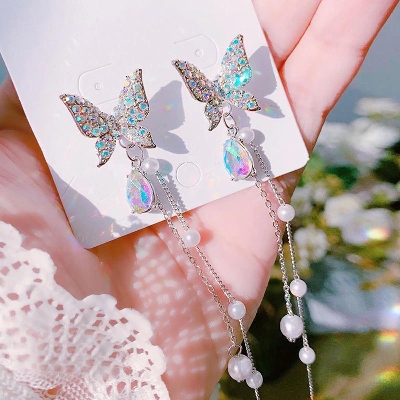 Picture of Butterfly Fashion Korean Shining Earrings for Women White 