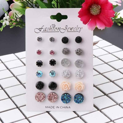 Picture of 12 Pairs New Fashion Assorted Crystal Druzy Resin Stone Round Earrings Set Multicolor Adjustable