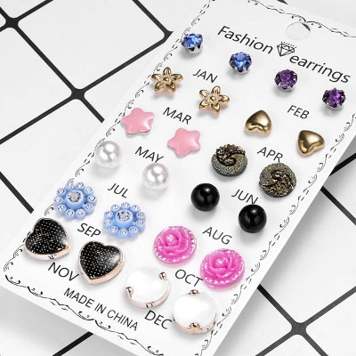 Picture of 12 Pairs New Fashion Assorted Crystal Druzy Resin Stone Round Earrings Set Multicolor 