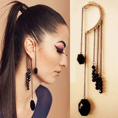 Picture of Long Tassel Earrings for Women Shiny Arc Geometric Korean Earrings ift Black 