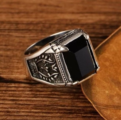 Picture of black natural stone fashion Men's Stainless Steel Finger Ring Silver 