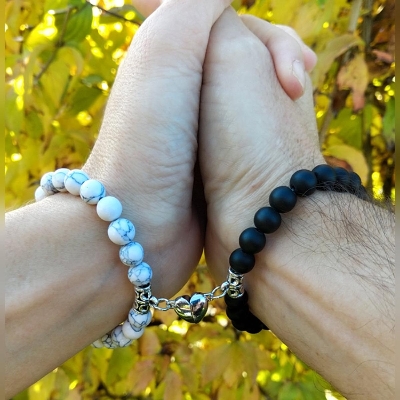 Picture of Love  Magnetic Heart Bracelets for Couples (2 Piece) | Small Rubber Band Magnet Stone Bell Bracelet with Knotted Head Rope