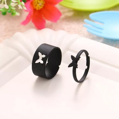 Picture of Butterfly King and Queen Couple Ring Set-2Pcs Black Adjustable