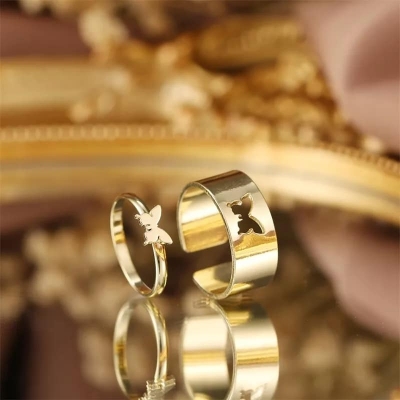 Picture of Butterfly King and Queen Couple Ring Set-2Pcs Gold Adjustable