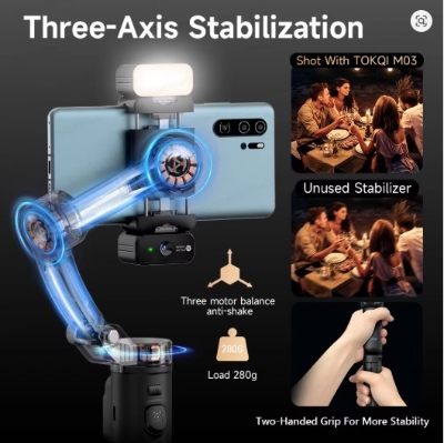 Picture of TOKQI M03 Handheld Gimbal 3-Axis AI Tracking Stabilizer with Wireless Microphone for Smartphones Shooting Vlog, with Fill Light