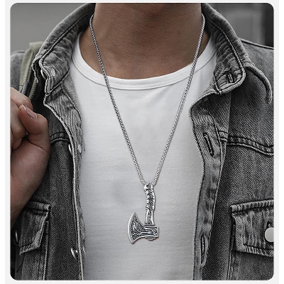 Picture of Simple Viking Wolf Raven Axe Pendant Necklaces for Men Silver 