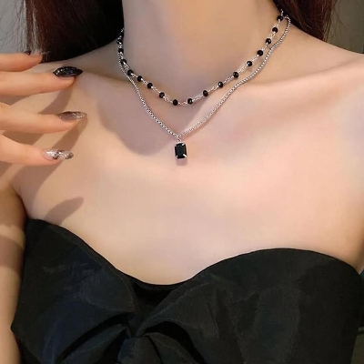 Picture of Choker Necklace for Women Double Layer Beads Necklace Gift for Friend Silver Color Geometric Necklace Wholesale Collar Jewelry Black 