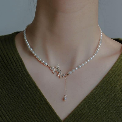 Picture of Sweet Rhinestone Bow Knot Pendant Necklace Chain White Adjustable