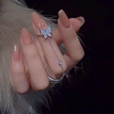 Picture of Double Finger Chain Rings For Women Tassel Butterfly Cross Rings Set Silver 