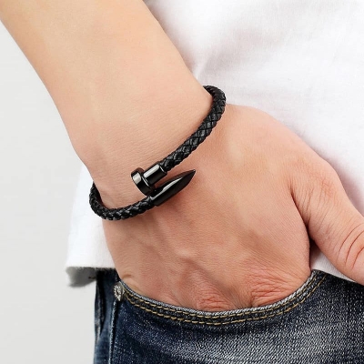 Picture of Lavish indulgent - Stainless Steel Charm Cuff Wristband Bangle with Magnetic Clasp/Leather Bracelet for Men - Sensible - Must Have  Adjustable