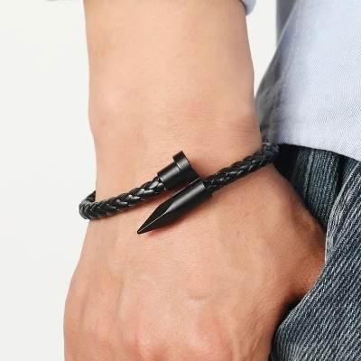 Picture of Stylish Addition - Nail Bracelet Men Titanium Steel Leather Rope Bracelet Magnetic Braided Bracelet - Sustainable Choice Black 