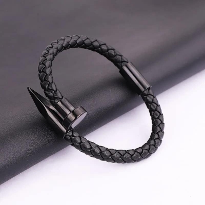 Picture of Premium Quality - Nail Bracelet Men Titanium Steel Leather Rope Bracelet Magnetic Braided Bracelet - Trend and Need full Black 