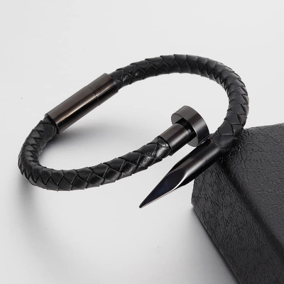 Picture of Premium Quality - Nail Bracelet Men Titanium Steel Leather Rope Bracelet Magnetic Braided Bracelet - Trend and Need full Black 