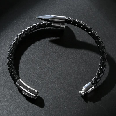 Picture of Premium Quality - Nail Bracelet Men Titanium Steel Leather Rope Bracelet Magnetic Braided Bracelet - Trend and Need full Black 