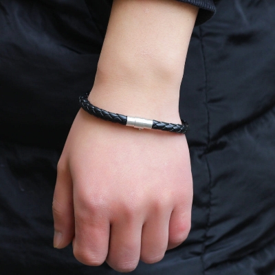 Picture of Premium Quality - Black Braided Leather Bracelet Men Stainless Steel Magnetic Clasp Male Wristband - Trend and Need full  