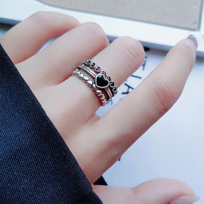 Picture of Trendy Black Love Adjustable Rings For Woman Silver 