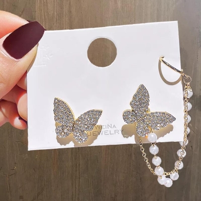 Picture of Korean Elegant Cute Rhinestone Butterfly Stud Earrings/Ear clip For Women Silver Adjustable