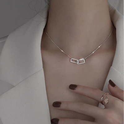 Picture of Refined Taste - Double Square Necklaces For Women Clavicle Chain Party Jewelry Women Gifts - Durabilty Assured - Elite Expression Silver 