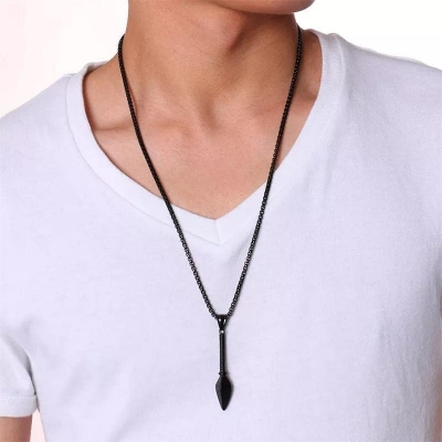 Picture of Hip Hop Punk Rock Men's Design Matte Black Long Necklace with Arrow Pendant Jewelry Chain Necklaces Gift For Men Women/Hot Fashion Black 