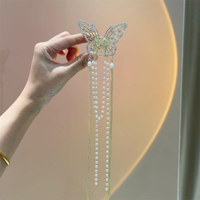 Picture of Butterfly Claw Clip Rhinestone Design with Tail for Women & Girls White 
