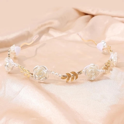 Picture of Rose Flower Pearl Headband with White Pearl Decors for Women White New Born