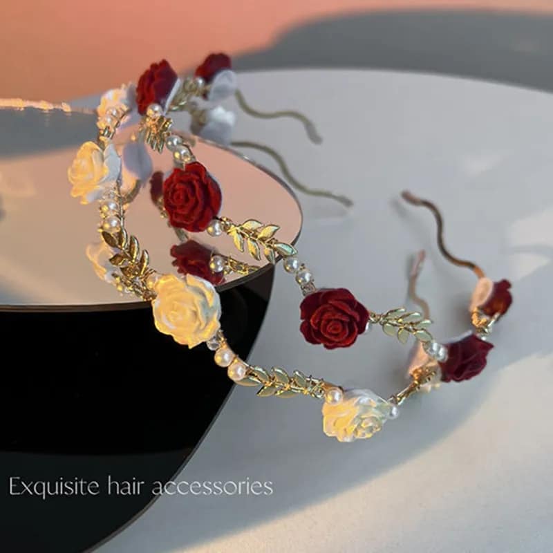 Picture of Understated -Rose Pearl Headband Hair Accessories Headdress Girls Vintage Metal Flower Pearl Red White Rose Tiara Hairbands- Progressively Better Red 