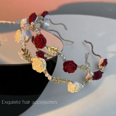 Picture of Understated -Rose Pearl Headband Hair Accessories Headdress Girls Vintage Metal Flower Pearl Red White Rose Tiara Hairbands- Progressively Better Red 