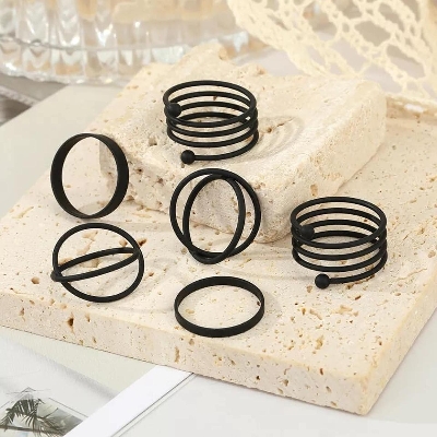 Picture of 6pcs/set Simple Rings Finger Set Multi Layer Opening Jewelry Rings for Women Jewelry Remarkable - Disclose Styles & Luxe Black Adjustable