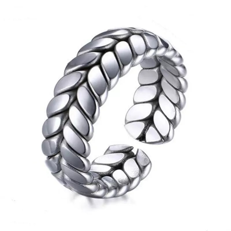 Picture of Stainless Steel Retro Wheat Braided Rings for Men Cool Leaf Finger Rings Boyfriend Gifts Punk Biker Open Rings Male Jewelry Silver Adjustable