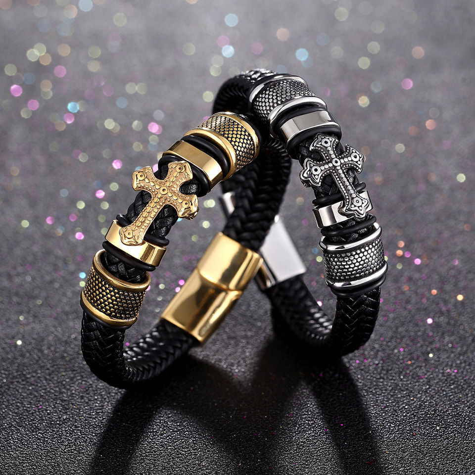 Picture of Men's Fashion Classic Black Woven Leather Inlaid Cross Magnetic Bracelet Gold Adjustable