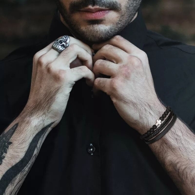 Picture of Versatile -Choice and Remark -Double Layer PU Leather Stainless Steel ID Bracelet- Avant-garde Preferble - Low Hassle and Maintanance Black 20 CM