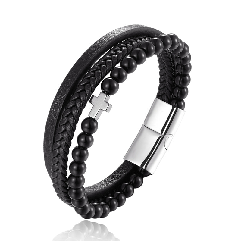 Picture of Versatile -Choice and Remark -Double Layer PU Leather Stainless Steel ID Bracelet- Avant-garde Preferble - Low Hassle and Maintanance Black 20 CM