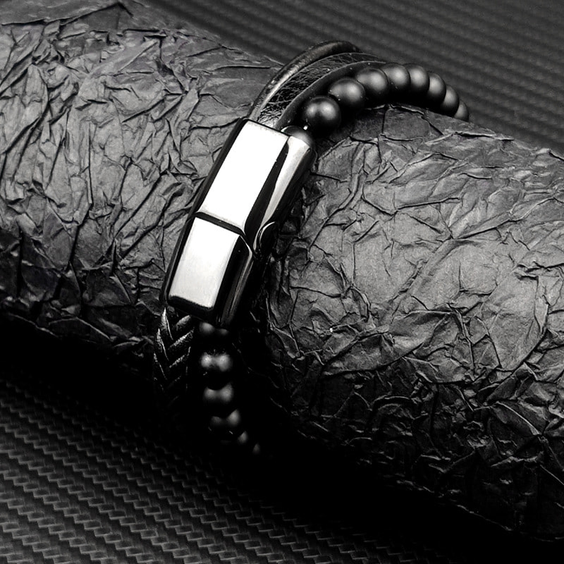 Picture of Versatile -Choice and Remark -Double Layer PU Leather Stainless Steel ID Bracelet- Avant-garde Preferble - Low Hassle and Maintanance Black 20 CM