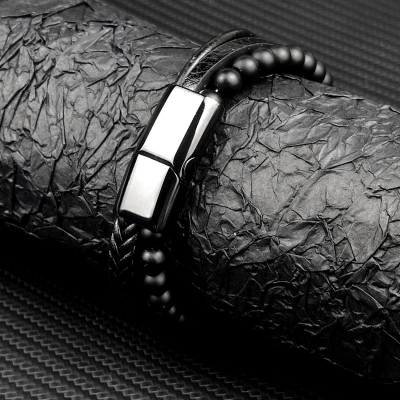 Picture of Versatile -Choice and Remark -Double Layer PU Leather Stainless Steel ID Bracelet- Avant-garde Preferble - Low Hassle and Maintanance Black 20 CM