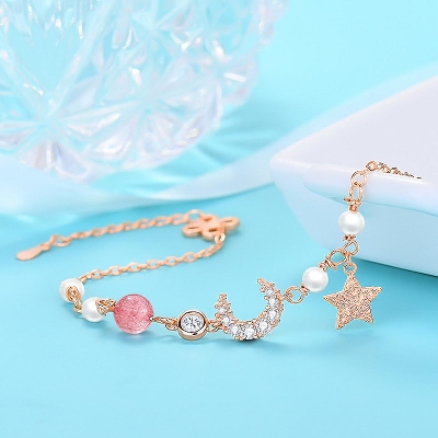 Picture of Korean Style Crystal Star Moon Charm Bracelets for Women Pink 