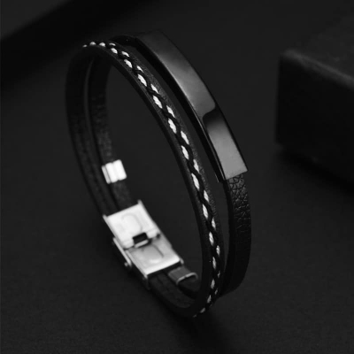 Picture of Leather Braided Bracelet For Men Black Adjustable