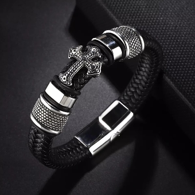Picture of Style Leather Woven Cross High Quality Metal Leather Bracelet for Men Black Adjustable
