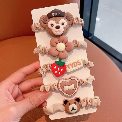 Picture of 5PCS Cute Flower Children Hair Ties Handmade Cloth Girl Bang Elastic Hair Bands Cartoon Kids Love Headwear Hair Accessories Set Brown Int: One size