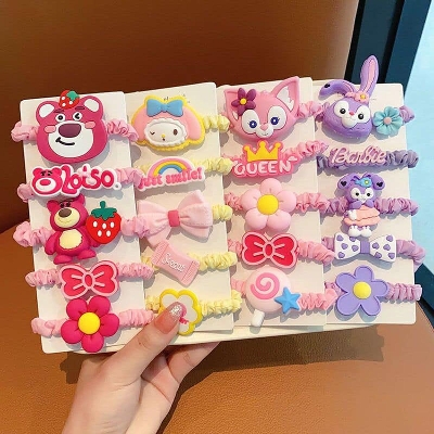 Picture of 5PCS Cute Flower Children Hair Ties Handmade Cloth Girl Bang Elastic Hair Bands Cartoon Kids Love Headwear Hair Accessories Set  Int: One size