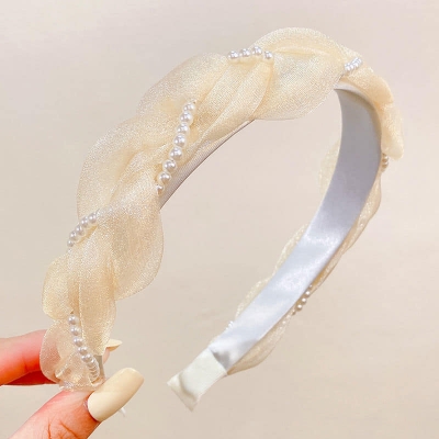 Picture of New Fashion White Pearl Pink Lace  French Hair Clip Headbands Hairbands  For Women  Int: One size