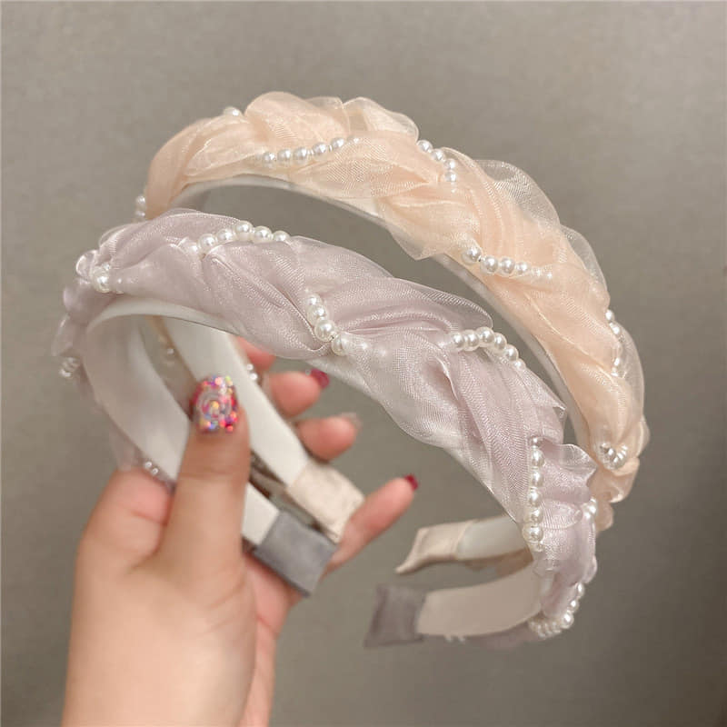 Picture of New Fashion White Pearl Pink Lace  French Hair Clip Headbands Hairbands  For Women  Int: One size
