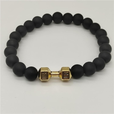 Picture of Custom Experience - Fit Life Black Matte Stone Dumbbell Sports Bracelet for Men - Couture - High-end - Well Inspired & Crafted Gold Adjustable