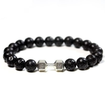 Picture of Refined Taste - Fit Life Black Matte Stone Dumbbell Shape Bracelet Fitness Motivation Gym for Men - Durabilty Assured - Iconic Style Silver Adjustable
