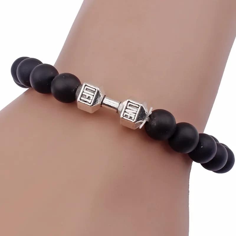 Picture of Refined Taste - Fit Life Black Matte Stone Dumbbell Shape Bracelet Fitness Motivation Gym for Men - Durabilty Assured - Iconic Style Silver Adjustable