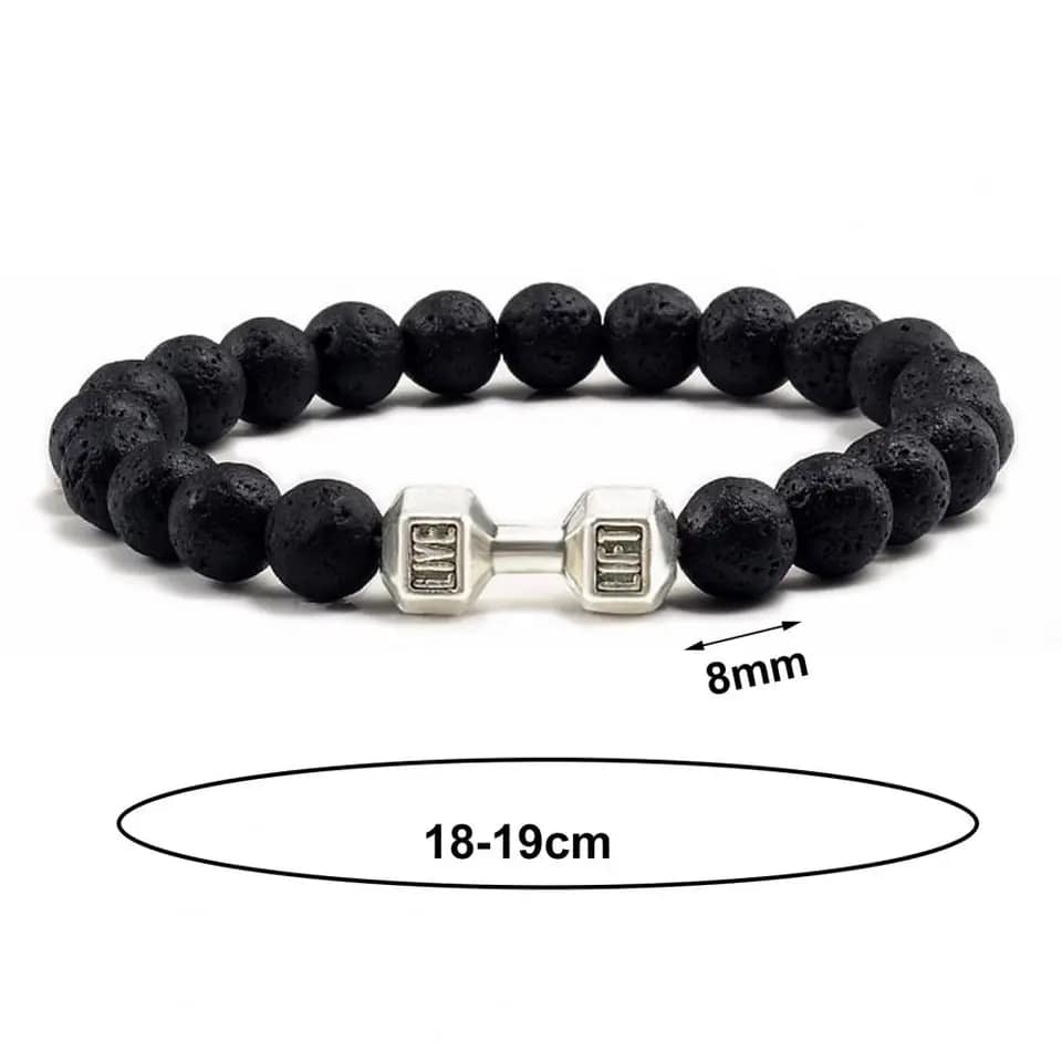 Picture of Refined Taste - Fit Life Black Matte Stone Dumbbell Shape Bracelet Fitness Motivation Gym for Men - Durabilty Assured - Iconic Style Silver Adjustable