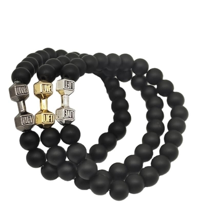 Picture of Refined Taste - Fit Life Black Matte Stone Dumbbell Shape Bracelet Fitness Motivation Gym for Men - Durabilty Assured - Iconic Style Silver Adjustable